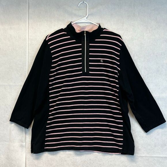 LAUREN RALPH LAUREN Top Women's 2X Black Pink Striped 3/4 Sleeve Quarter Zip - Picture 1 of 11